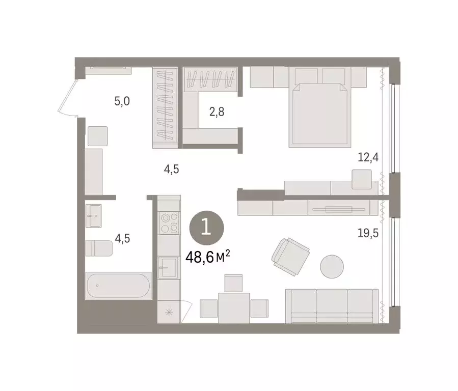1-комнатная квартира: Омск, улица Б.Г. Шаронова, 9 (48.83 м) - Фото 1