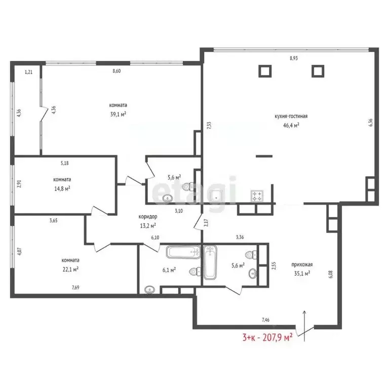 3-к кв. Свердловская область, Екатеринбург наб. Олимпийская, 13 (207.9 ... - Фото 2