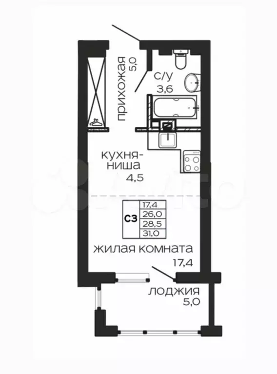 Квартира-студия, 31 м, 3/17 эт. - Фото 1