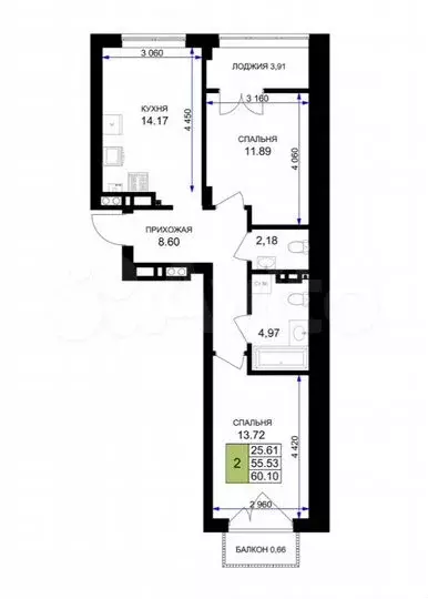 2-к. квартира, 60,1м, 2/7эт. - Фото 1