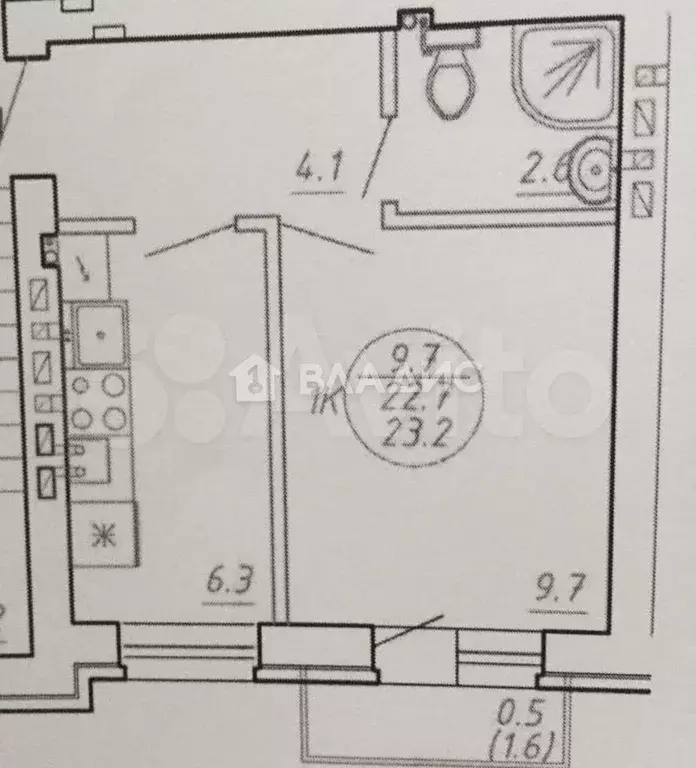 Квартира-студия, 23,2 м, 1/5 эт. - Фото 1
