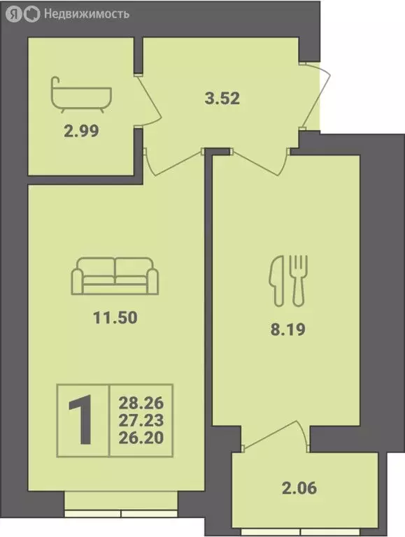 1-комнатная квартира: Пионерский, улица Гептнера, 17 (28.26 м) - Фото 0