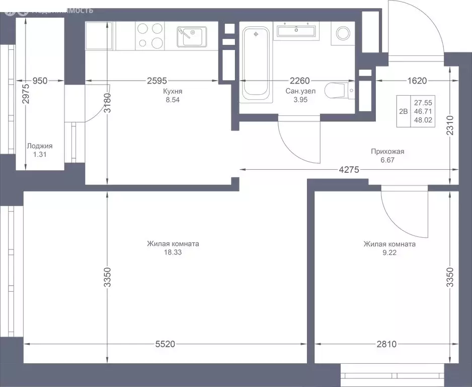 2-комнатная квартира: Казань, ЖК Мой Ритм (48.02 м) - Фото 1