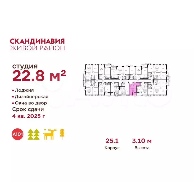 Квартира-студия, 22,8 м, 10/14 эт. - Фото 1