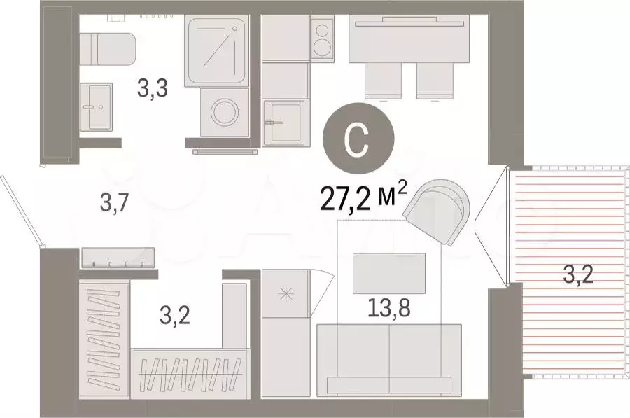 Квартира-студия, 27,2 м, 3/16 эт. - Фото 1