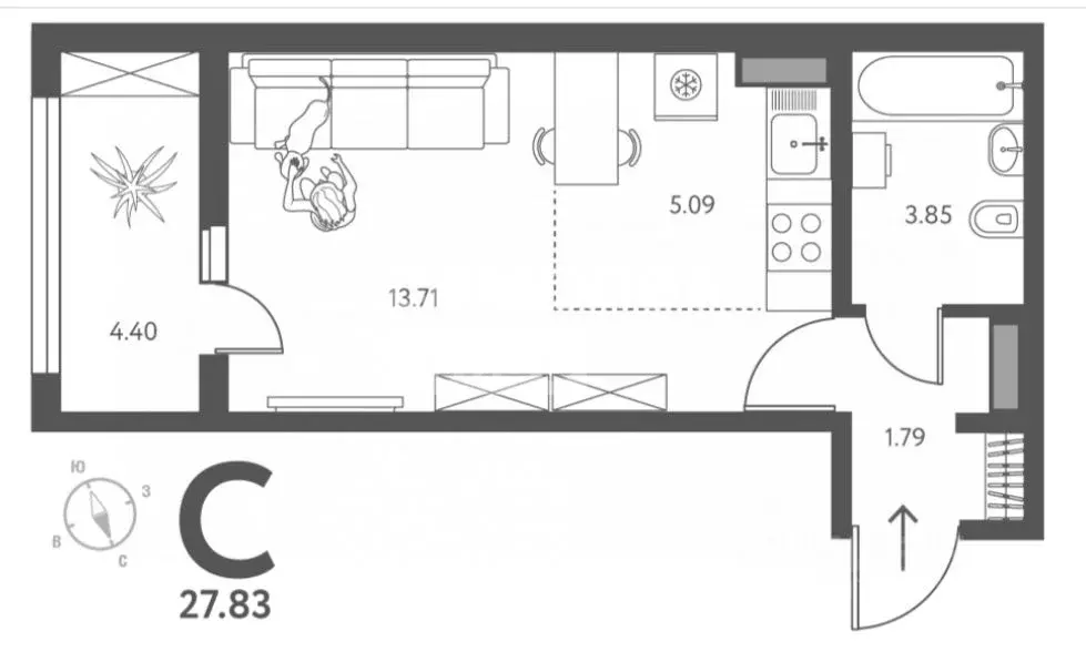 Студия Липецкая область, Липецк ул. Перова (27.83 м) - Фото 2