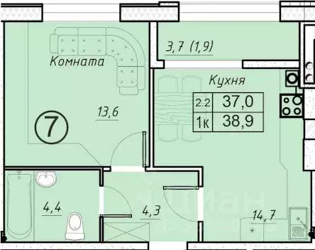 1-к кв. Ростовская область, Батайск ул. Олимпийское кольцо, 36к18 ... - Фото 0