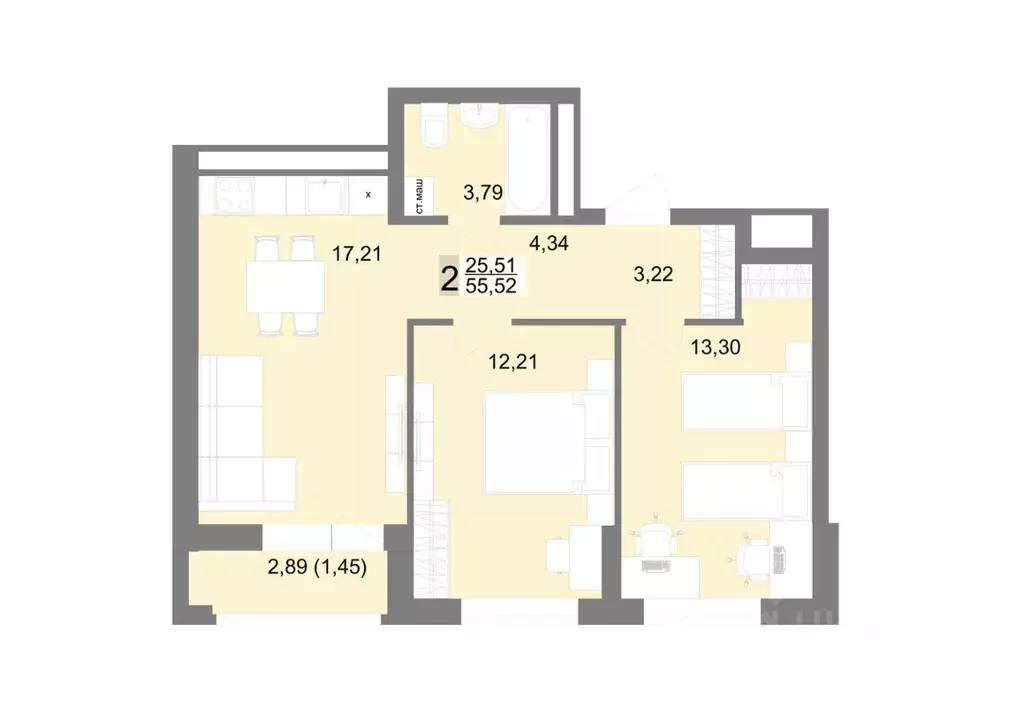 2-к кв. Свердловская область, Екатеринбург ул. Тенистая, 8с4 (55.52 м) - Фото 1