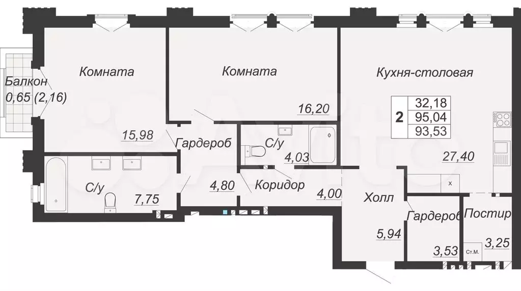 2-к. квартира, 93,5 м, 5/7 эт. - Фото 0