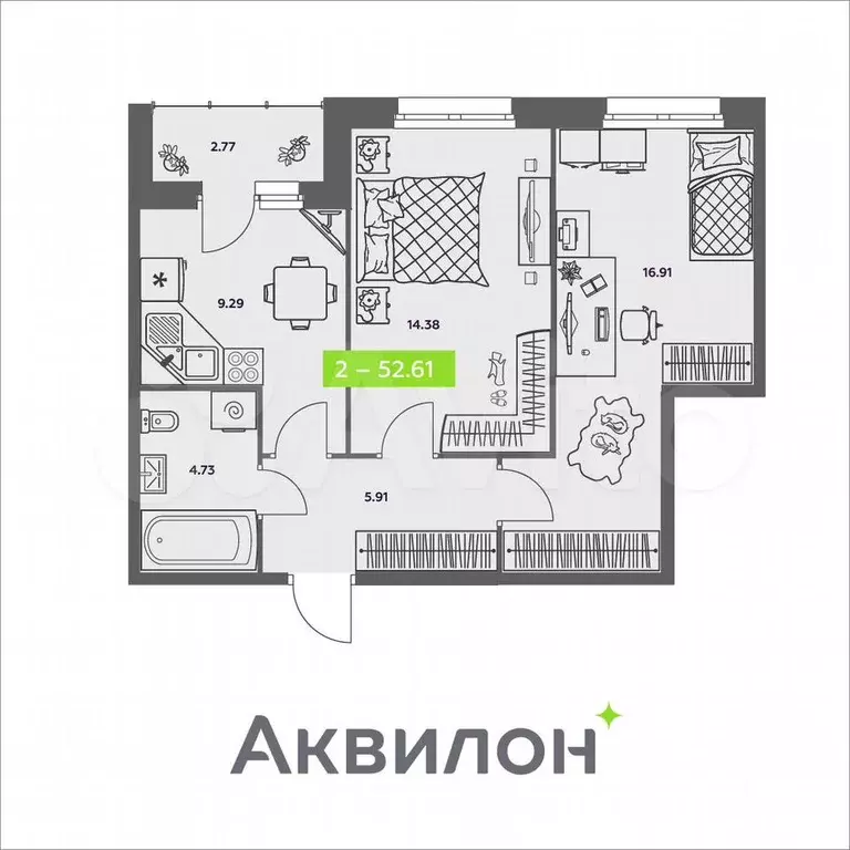 2-к. квартира, 52,6 м, 1/8 эт. - Фото 0