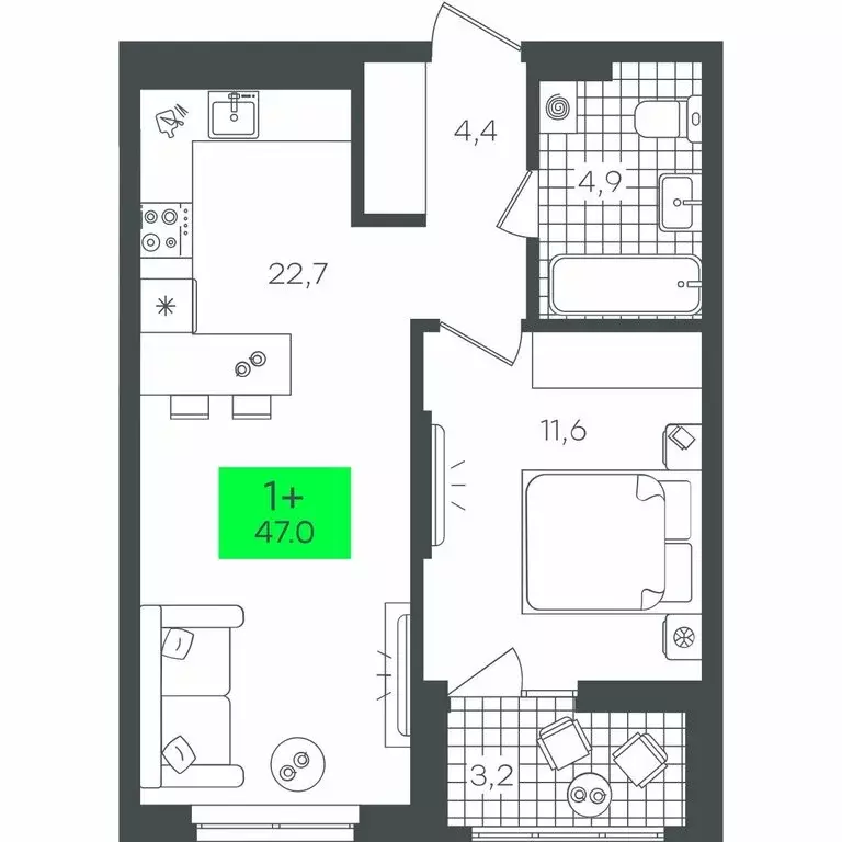 1-комнатная квартира: Тюмень, улица Василия Малкова, 17 (47.04 м) - Фото 0