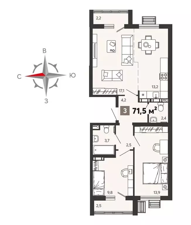 3-комнатная квартира: Пенза, ЖК Новелла (71.5 м) - Фото 1