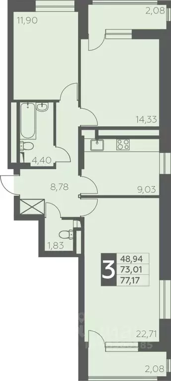 3-к кв. Башкортостан, Уфа ул. Орджоникидзе, 34 (77.17 м) - Фото 1