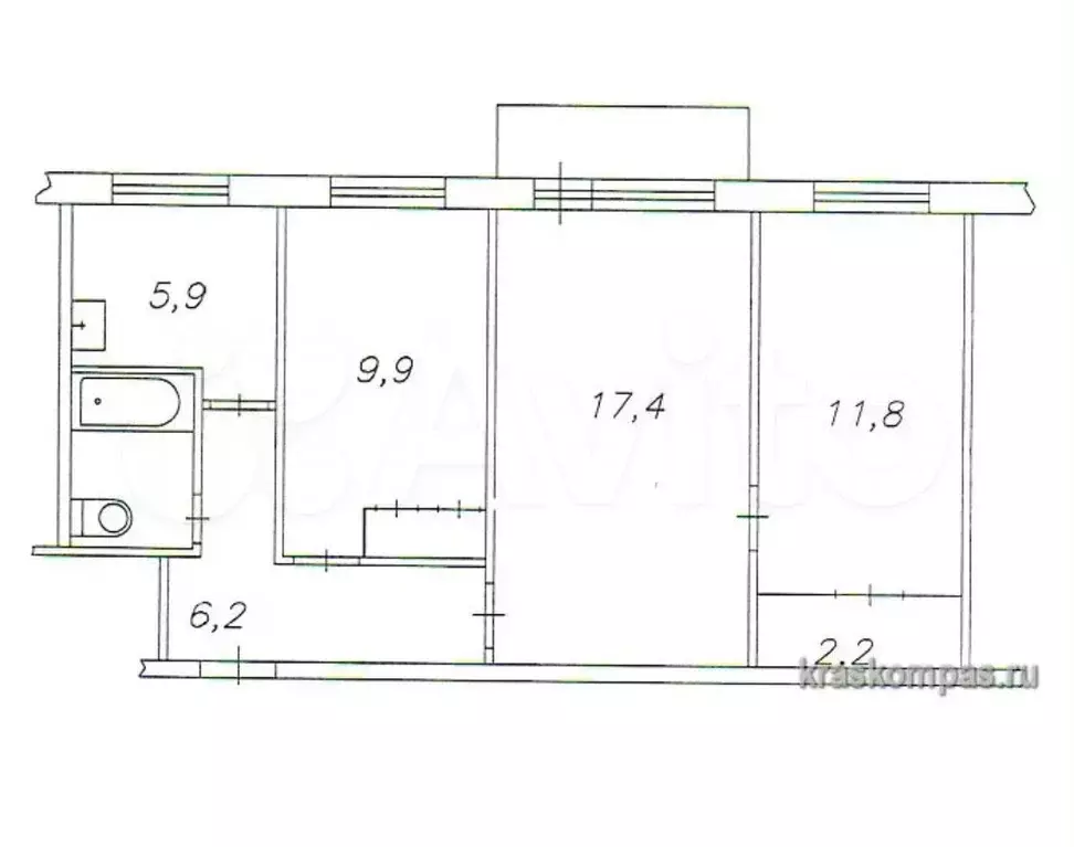 3-к. квартира, 57 м, 2/5 эт. - Фото 0