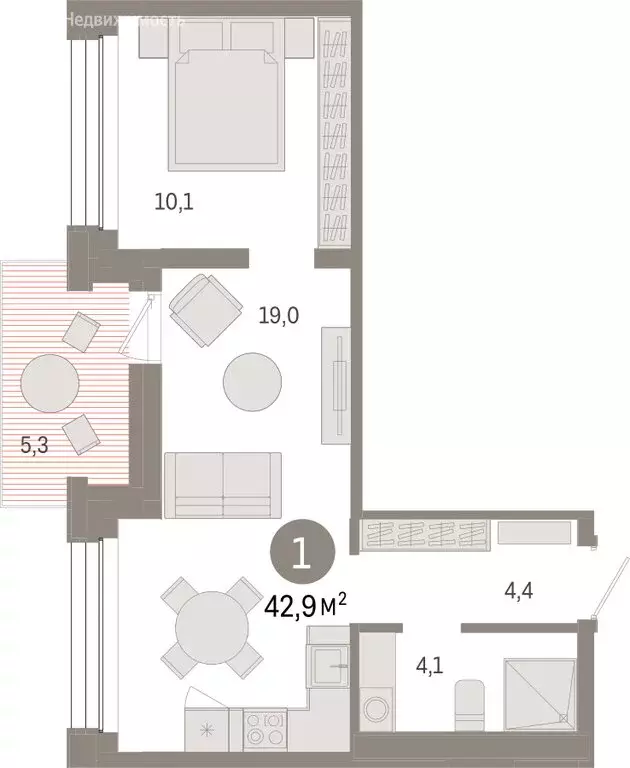 1-комнатная квартира: Тюмень, улица Муравленко, 9/2 (42.87 м) - Фото 1