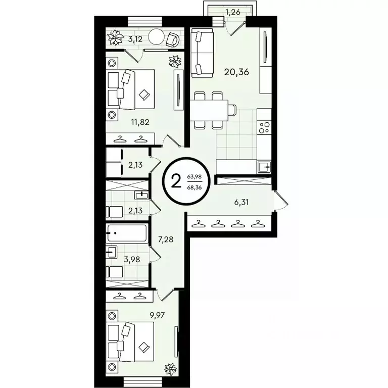 2-к кв. Тюменская область, Тюмень ул. Александра Звягина, 7 (68.36 м) - Фото 0