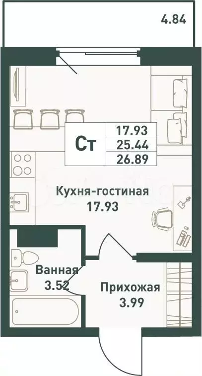 Квартира-студия, 26,9 м, 12/16 эт. - Фото 0