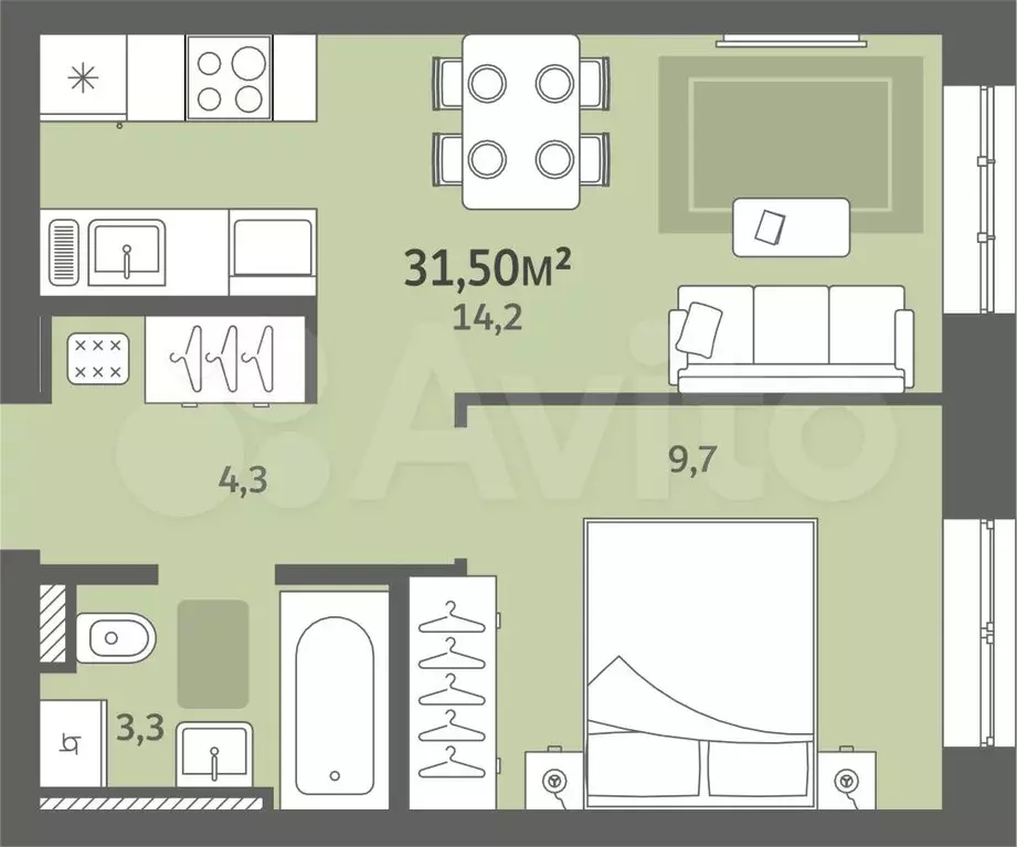 1-к. квартира, 31,5 м, 5/7 эт. - Фото 0