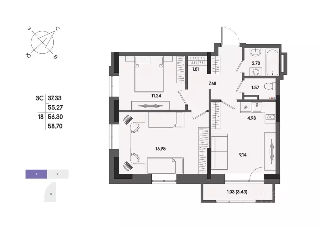 3-к кв. Удмуртия, Ижевск ул. Джамбула, 83 (56.3 м) - Фото 1