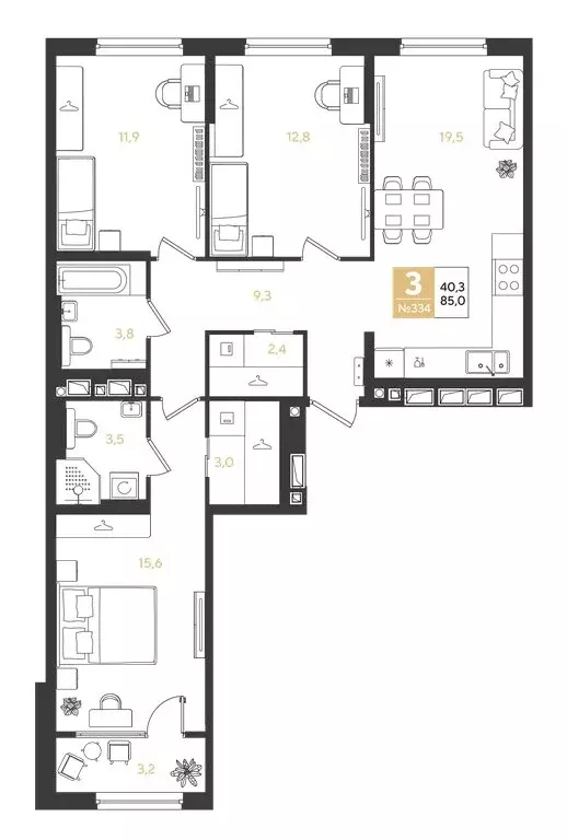 3-комнатная квартира: Краснодар, квартал Самолёт (85 м) - Фото 0