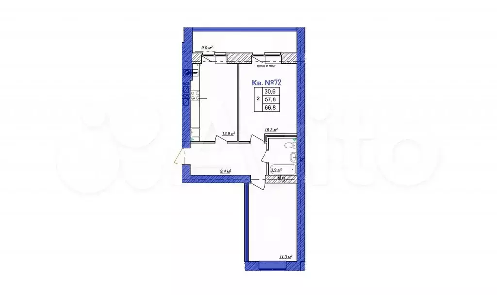 2-к. квартира, 66,8 м, 3/9 эт. - Фото 0