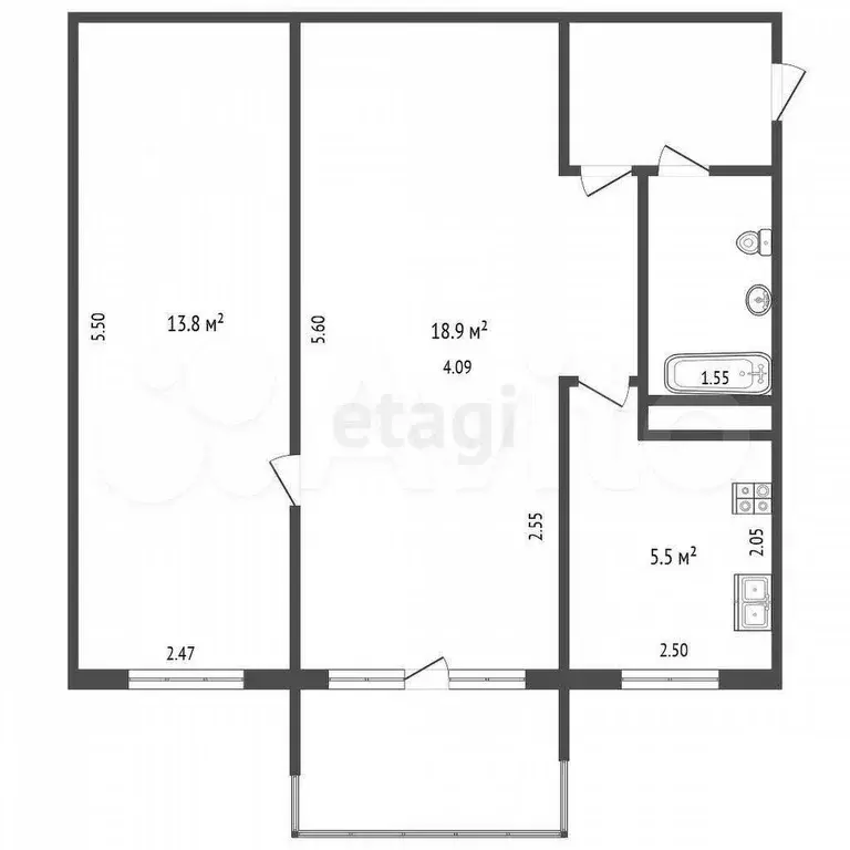 2-к. квартира, 44 м, 5/5 эт. - Фото 0
