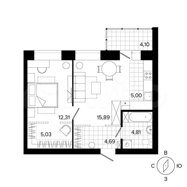 2-к. квартира, 49,1 м, 4/4 эт. - Фото 0