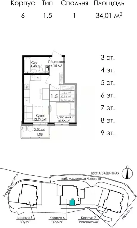 1-к кв. Ленинградская область, Выборг наб. Адмирала Чичагова, 6 (34.01 ... - Фото 0