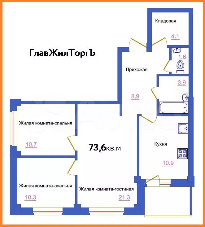 3-к. квартира, 73,6 м, 6/8 эт. - Фото 0