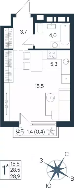 Студия Пермский край, Пермь ул. Космонавта Беляева, 17 (28.9 м) - Фото 1