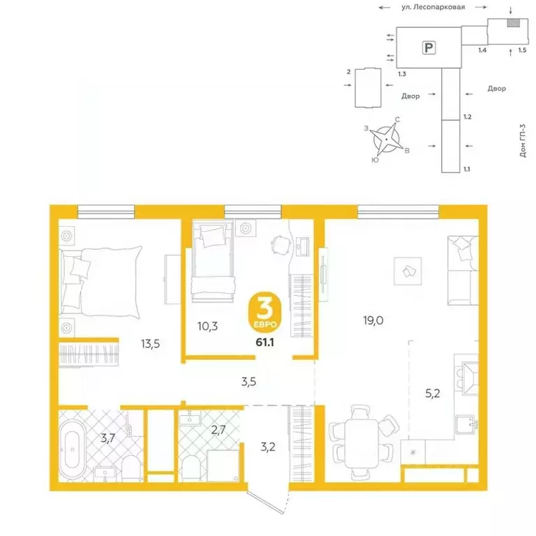 3-к кв. Тюменская область, Тюмень ул. Лесопарковая, 22 (61.1 м) - Фото 0