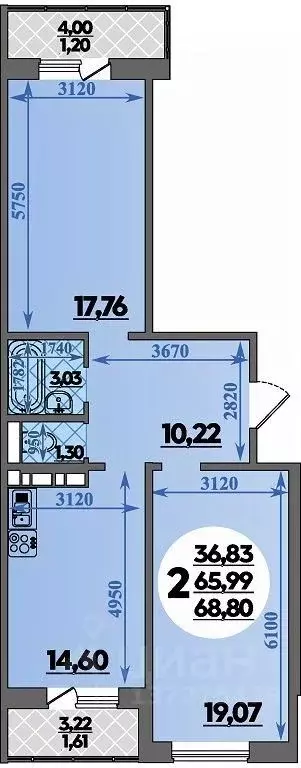 2-к кв. Ростовская область, Ростов-на-Дону ул. Юрия Дубинина, 5 (68.8 ... - Фото 1