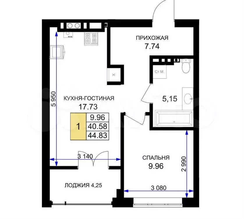 1-к. квартира, 44,8м, 2/7эт. - Фото 1