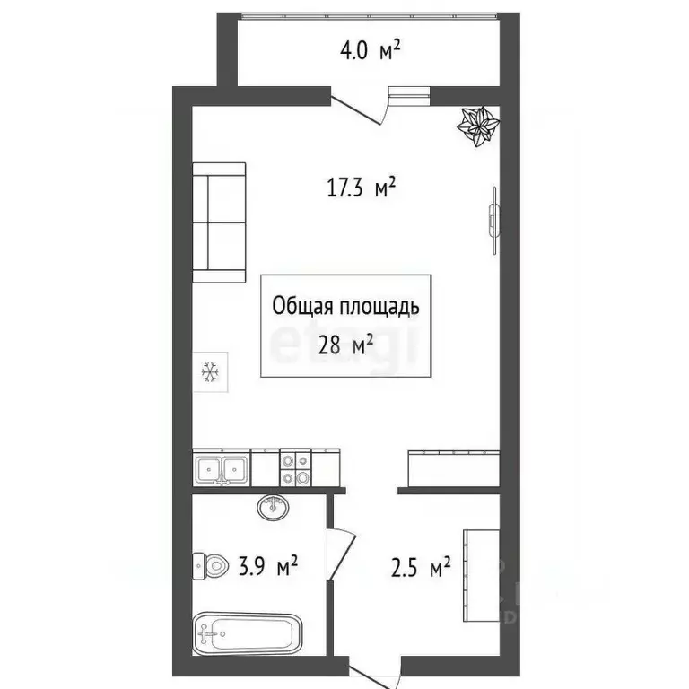 Студия Новосибирская область, Новосибирск Кубовая ул., 96 (28.0 м) - Фото 2