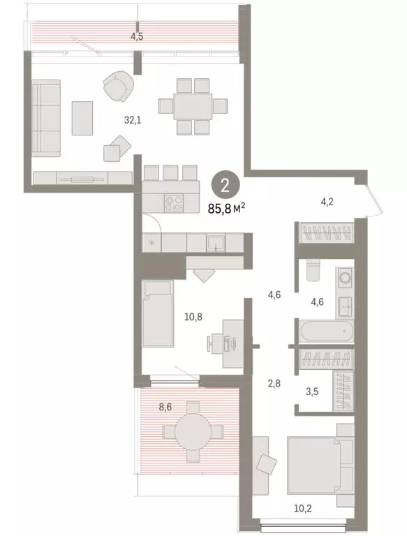 2-комнатная квартира: Тюмень, Мысовская улица, 26к1 (85.75 м) - Фото 2