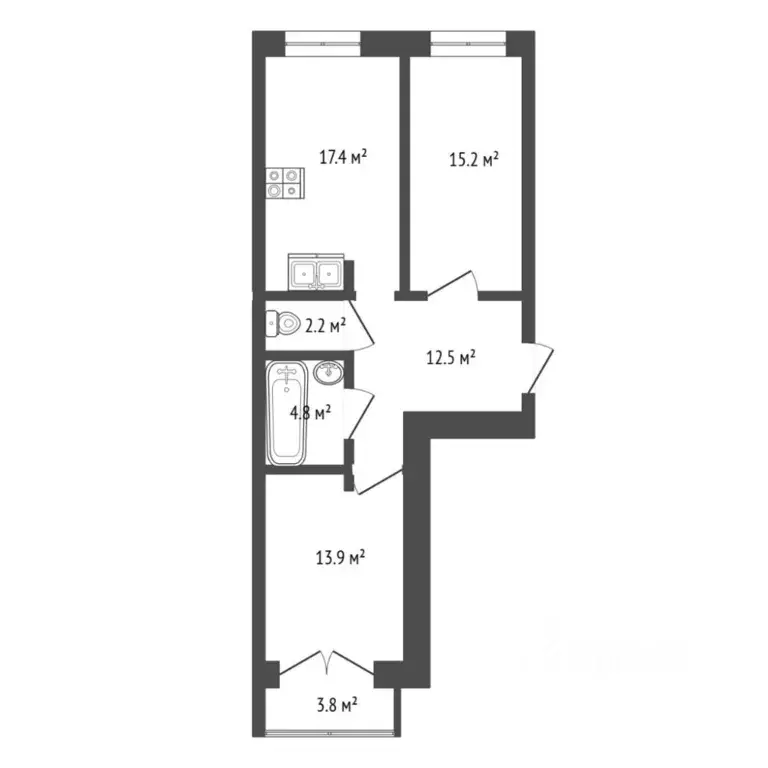 2-к кв. Тюменская область, Тюмень ул. Владислава Крапивина, 4 (66.0 м) - Фото 2