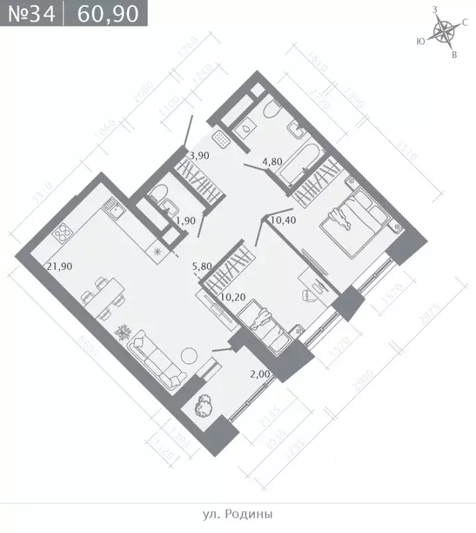 2-к кв. Татарстан, Казань ул. Родины, 27Б (60.9 м) - Фото 1