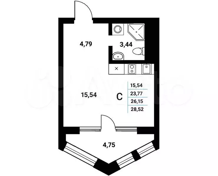 Квартира-студия, 26,2 м, 15/21 эт. - Фото 0