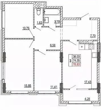 3-к кв. Белгородская область, Белгород ул. Разина (78.43 м) - Фото 2