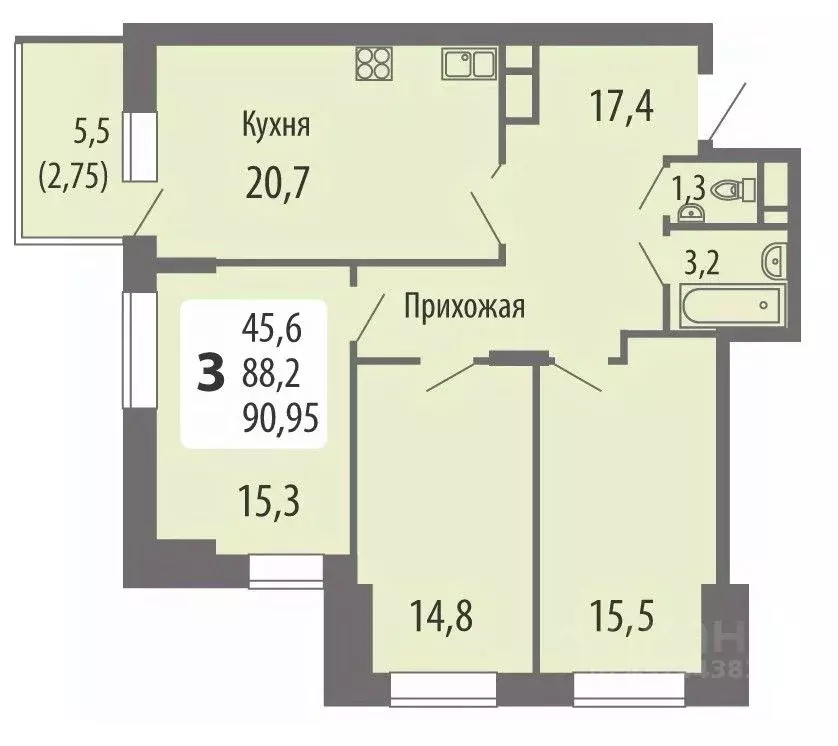 3-к кв. Чувашия, Чебоксары ул. Филиппа Лукина, 16 (91.6 м) - Фото 1