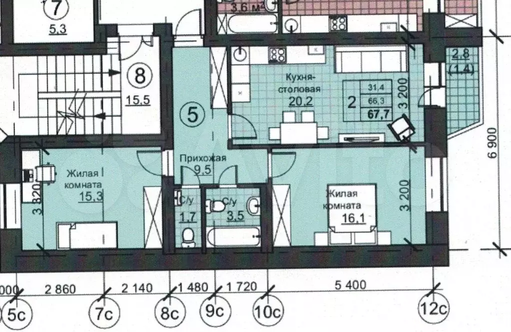 2-к. квартира, 67,7 м, 3/3 эт. - Фото 0