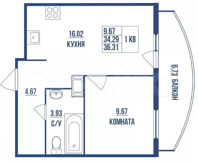 1-к. квартира, 36,3 м, 5/12 эт. - Фото 0