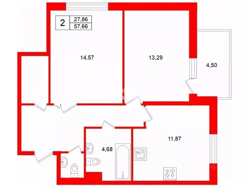 2-к кв. Санкт-Петербург просп. Кузнецова, 11к3 (57.2 м) - Фото 2