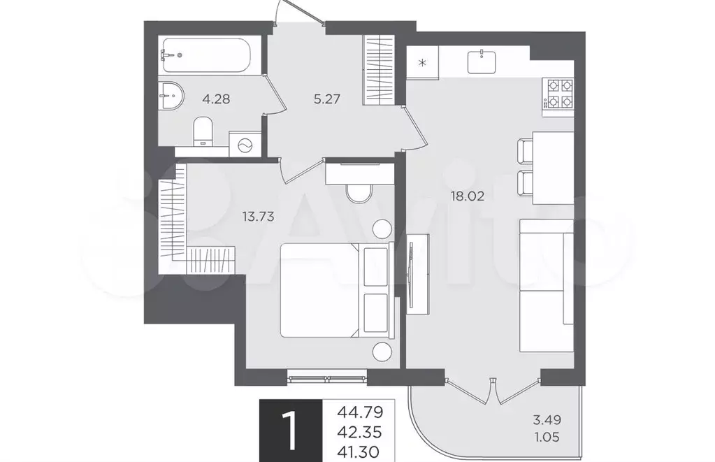 1-к. квартира, 44,8 м, 1/4 эт. - Фото 1