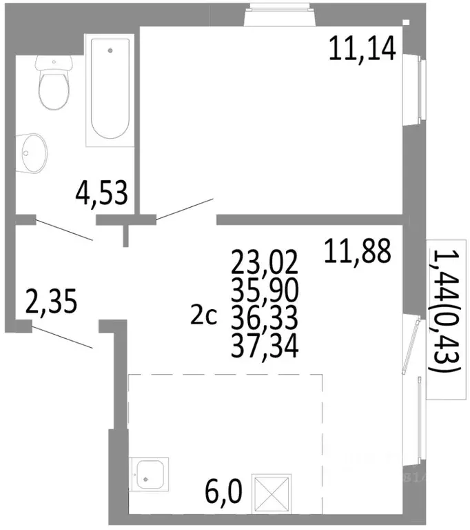 2-к кв. Челябинская область, Челябинск ул. Блюхера, 125Б (36.33 м) - Фото 0