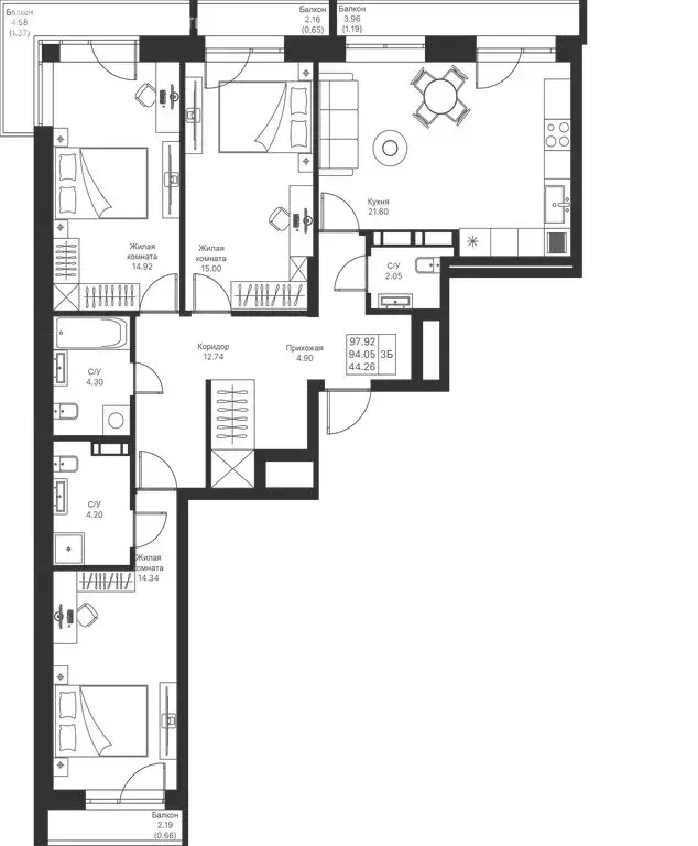 3-комнатная квартира: Казань, ЖК Мой Ритм (97.92 м) - Фото 0