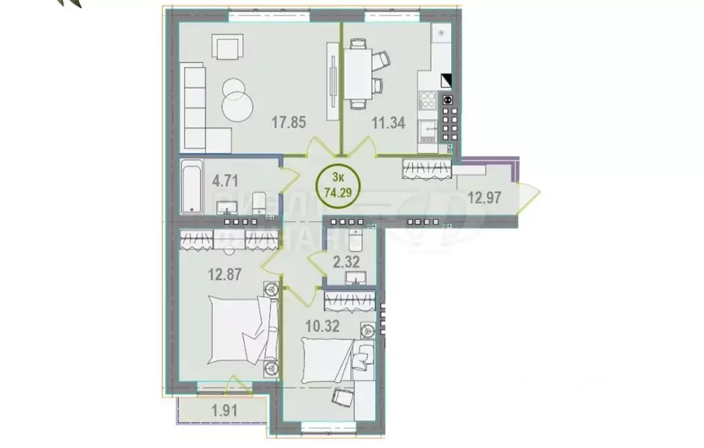 3-к кв. Калининградская область, Калининград Тбилисская ул., 5 (74.29 ... - Фото 2
