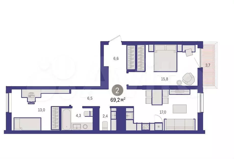 2-к. квартира, 69 м, 6/8 эт. - Фото 1