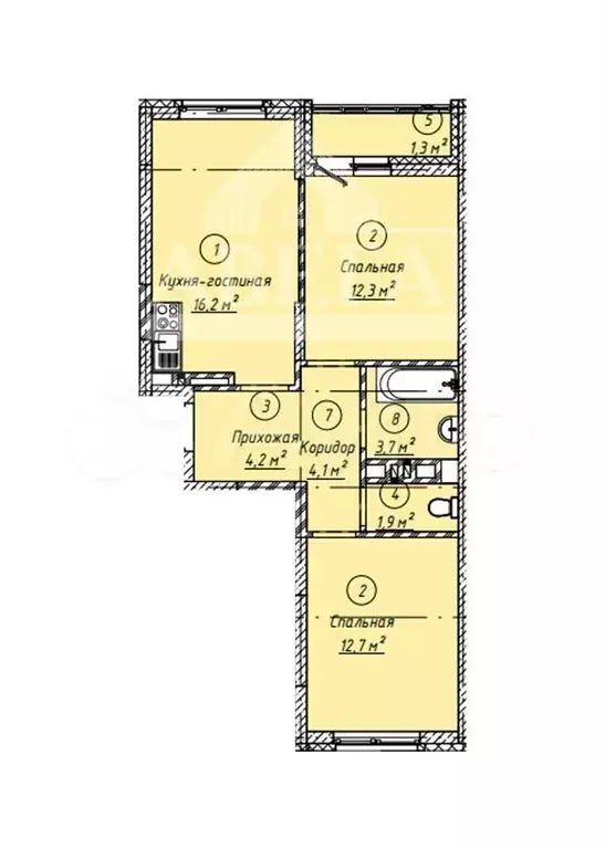 2-к. квартира, 56 м, 4/7 эт. - Фото 1