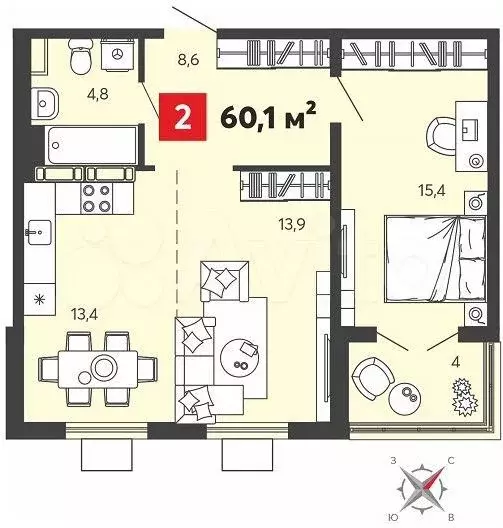 2-к. квартира, 60,1 м, 12/16 эт. - Фото 0